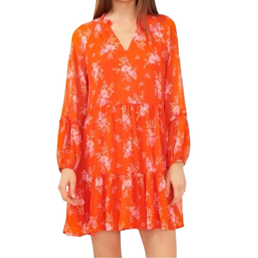 Floral Orange V-Neck Feminine Long Sleeve Midi Dress Wedding Guest Large - Picture 2 of 15